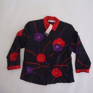 Vintage Anage Black Cotton Red Purple Floral Applique Stitch Art Jacket XL